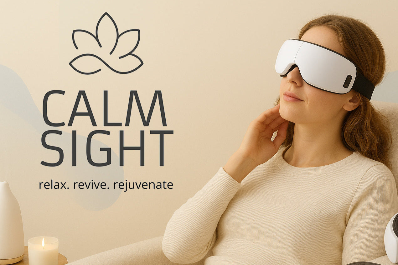 A young woman enjoying deep relaxation with a CalmSight™ massage device, promoting wellness, stress relief, and better sleep.